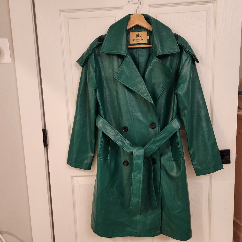 Leather or vegan leather green trench coat jacket with Burberry tag